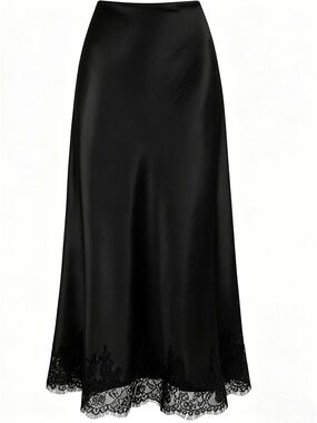 Women's Solid Black High Waisted Long Lace Flowy Hem Trim Satin Midi Skirts